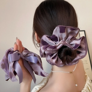 Elegant Ink Painting Tie-Dye Oversized Satin Scrunchie For Women Pleated Scarf Bow Hair Tie Ponytail Holder Hair Accessory