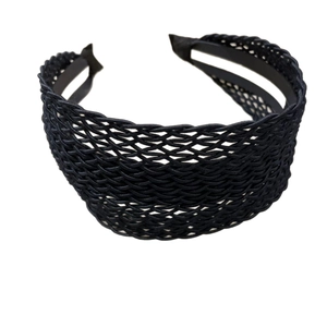 Bohemian style black hollow woven wide headband with elegant mesh braided design for women