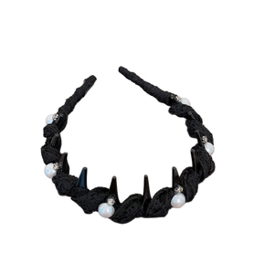 Gothic style black lace headband featuring white pearls and metallic spikes for women