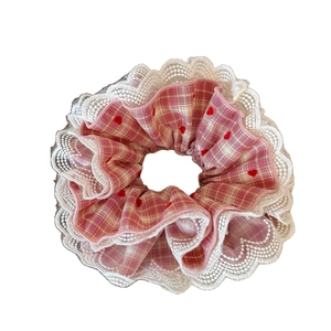Pink plaid heart scrunchie with lace trim and high elasticity for women hairstyles