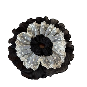 French retro oversized black pleated scrunchie with embroidered lace floral trim accents
