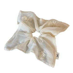 Beige embroidered rose hair scrunchie made of translucent gauze fabric for women