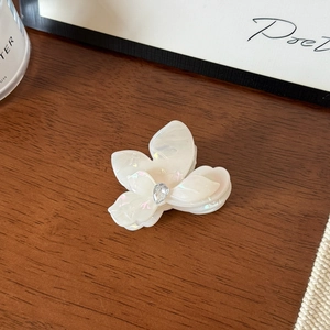 Détail d'une pince à cheveux fleur en acétate blanc avec cristal sur fond en bois