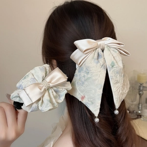 French Elegant Lace Bowknot Hair Clip Faux Artificial Pearl Embroidery Satin Ribbon Ponytail Holder Sweet Hair Accessories For Women
