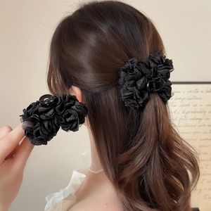 Pince Crabe à Cheveux Elégante en Maille Plissée Noire pour Femmes Barrette Florale en Gaze Multicouche Accessoires Cheveux