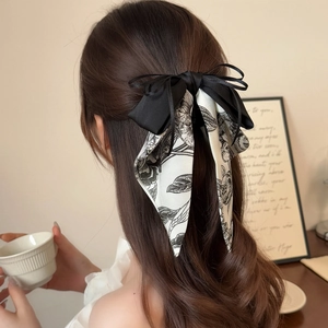 Fermaglio per Capelli a Fiocco con Fiori a Inchiostro Stile Neocinese con Nastro Vintage Francese Grande Pinza per Coda di Cavallo
