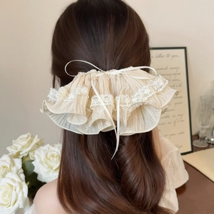Elegant large beige pleated lace hair clip with a delicate white ribbon bow for women