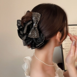 Large Black Mesh Bow Hair Claw Clip High-End Rhinestone Shark Clip For Thick Hair Women Elegant Handmade Hair Accessories