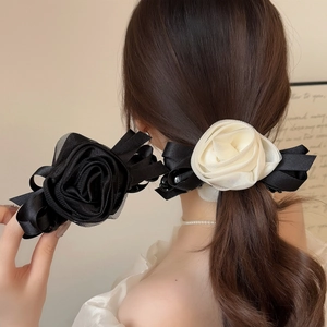 Handmade French Elegant Stereoscopic Mesh Rose Banana Hair Clip For Women Ribbon Floral Hair Accessory Party Hairpin