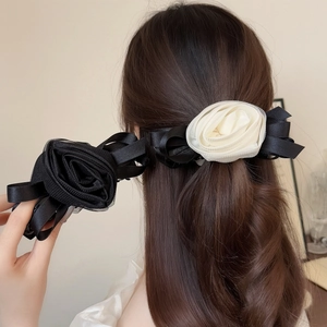 Elegant 3D mesh rose banana hair clip set in black and creamy white silk fabric