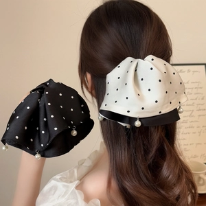 Pince à Cheveux Grand Nœud à Pois Élégante Française Avec Pendentifs en Künstliche Perles Faux Tissu Satin Accessoires Cheveux Femme