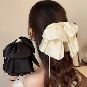 Large Satin Bow Hair Clip With Faux Artificial Pearls Elegant French Style Oversized Ribbon Ponytail Clip For Women Hair Accessory