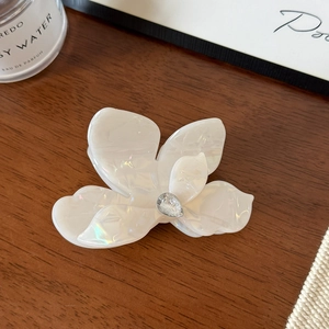 Gros plan détaillé d'une pince à cheveux fleur en acétate blanc avec centre en cristal pur