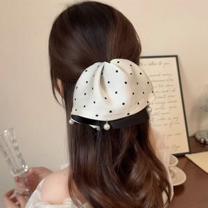 Barrette à cheveux en satin à pois avec perles élégantes pour queue de cheval