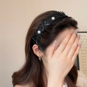 Élégant Serre-tête en Dentelle Noire avec Künstliche Perles et Nœud Style Rétro Lolita Accessoires Cheveux Femme