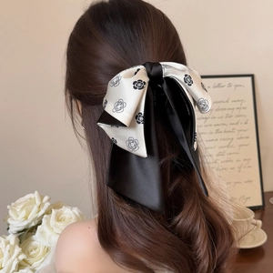 French Style Elegant Camellia Pattern Double Layer Bow Hair Clip Satin Fabric Ponytail Clip Hair Accessory For Women