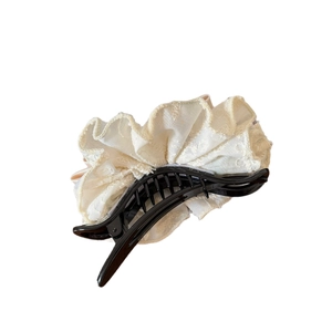 French lace pearl bow hair claw clip with creamy white embroidery for women