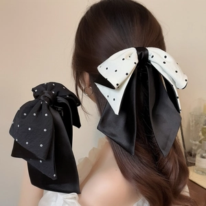 French Retro Large Bow Hair Clip With Long Streamers Polka Dot Satin Ponytail Clip Fashion Elegant Hair Accessories For Women
