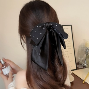 Elegant black satin polka dot bow hair clip for women stylish half-up ponytail accessory
