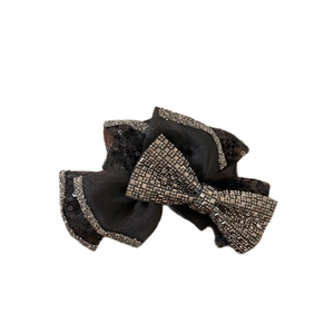 Elegant large black bow hair claw clip with sequins and silver metallic studs