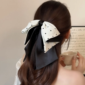 French vintage polka dot silk bow hair clip for women with long black ribbon tails