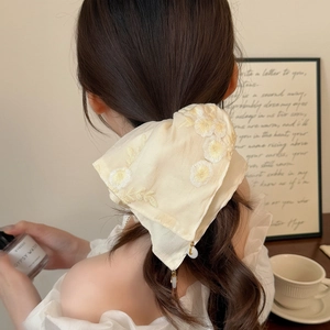 Beige floral embroidered hair scrunchie scarf with pearl charm for elegant ponytail