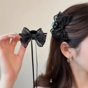 Elegant Black Mesh Butterfly Bow Hair Claw Clip With Long Tassel Rhinestone Chain Ribbon Fairy Hair Accessories For Women