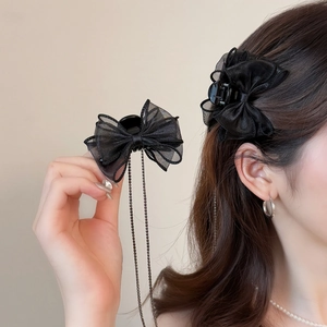 Elegant black tulle bow hair claw with long sparkling rhinestone tassels for women