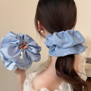 Chouchou en Tissu Bleu avec Imprimé Papillon Style Coréen Grand Bandeau Élastique Plissé Motif Nœud Accessoires Cheveux