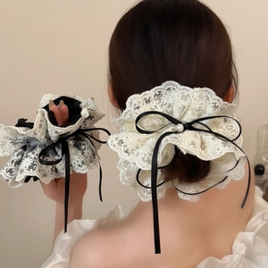 Grand Chouchou Nœud en Dentelle Style Vintage Français Élastique Cheveux Avec Künstliche Perle Broderie Élégante Bandeau pour Femmes