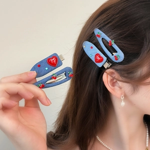 Cute Denim Fabric Hair Clips For Women Girls Heart Cherry Rhinestone Sweet Duckbill BB Clip Hairpins Hair Accessories