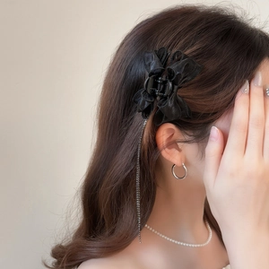 Elegant black mesh bow hair claw clip with silver rhinestone chain tassels for women