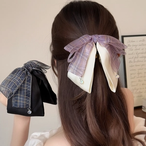 French Style Large Bow Ribbon Hair Clip For Women Sweet Plaid Fabric Claw Ponytail Holder With Rhinestone Pendant Accessories