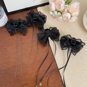 Elegant black mesh bow hair claws with rhinestone chains and long ribbons set