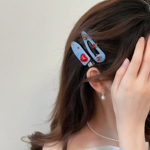 Cute denim blue heart and cherry fabric hair clips set for women stylish side hair styling