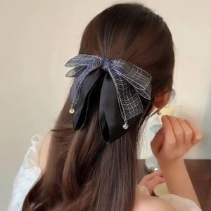 Elegant double-layered bow hair clip with navy mesh and crystal pendants for women