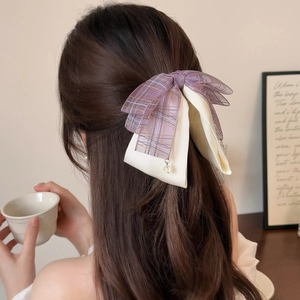 French style purple checkered bow hair clip with ribbons and pearls for women
