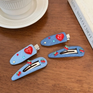 Blue denim fabric hair clip set with red heart and cherry decor for girls and women