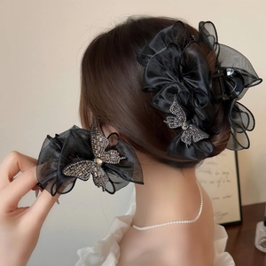 Pince à Cheveux Élégante avec Nœud en Maille Noire pour Femmes Papillon en Strass Fait à la Main Accessoires Cheveux