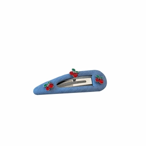 Denim blue BB hair clip with sparkling red rhinestone cherries and metal base for girls