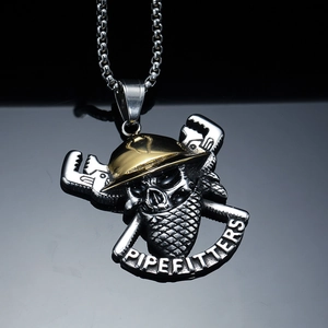 Retro titanium steel skull necklace with gold helmet and pipefitter tools pendant