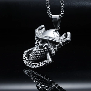 Vintage stainless steel pipefitters pirate skull necklace pendant with pipe wrenches