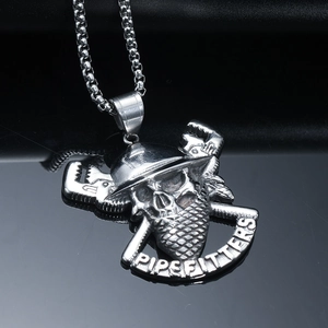 Retro stainless steel pipefitter skull pendant necklace with pirate style box chain