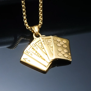 Gold royal flush poker card pendant necklace in stainless steel with a square link chain