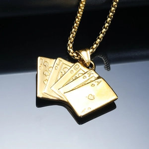 Gold stainless steel Royal Flush poker card pendant necklace with round box chain for men