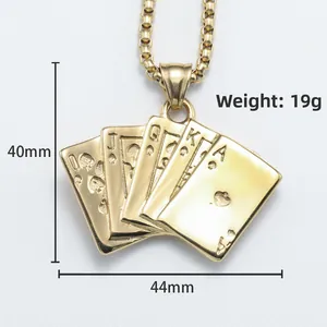 Golden stainless steel Royal Flush poker pendant necklace with engraved spade pattern details