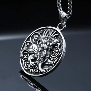 Vintage stainless steel round relief raven pendant necklace with silver lion-griffin carving
