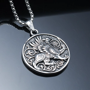 Retro stainless steel griffin relief pendant necklace with box chain for men