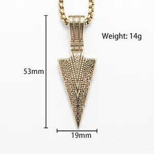Gold stainless steel arrowhead pendant with textured finish and dimensions on white background