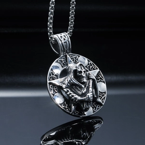 Gothic Grim Reaper pendant necklace with pentagram details and stainless steel chain